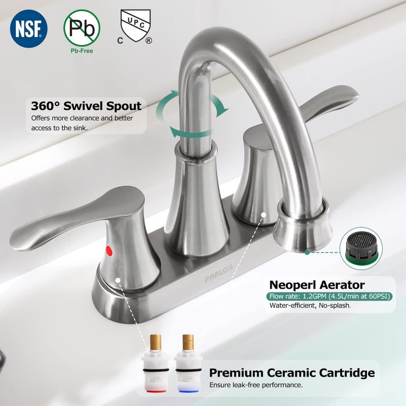 PARLOS Swivel Spout 2-Handle Brushed Nickel Bathroom Sink Faucet with Metal Pop-up Drain and Faucet Supply Lines, Demeter 13627 - Image 2